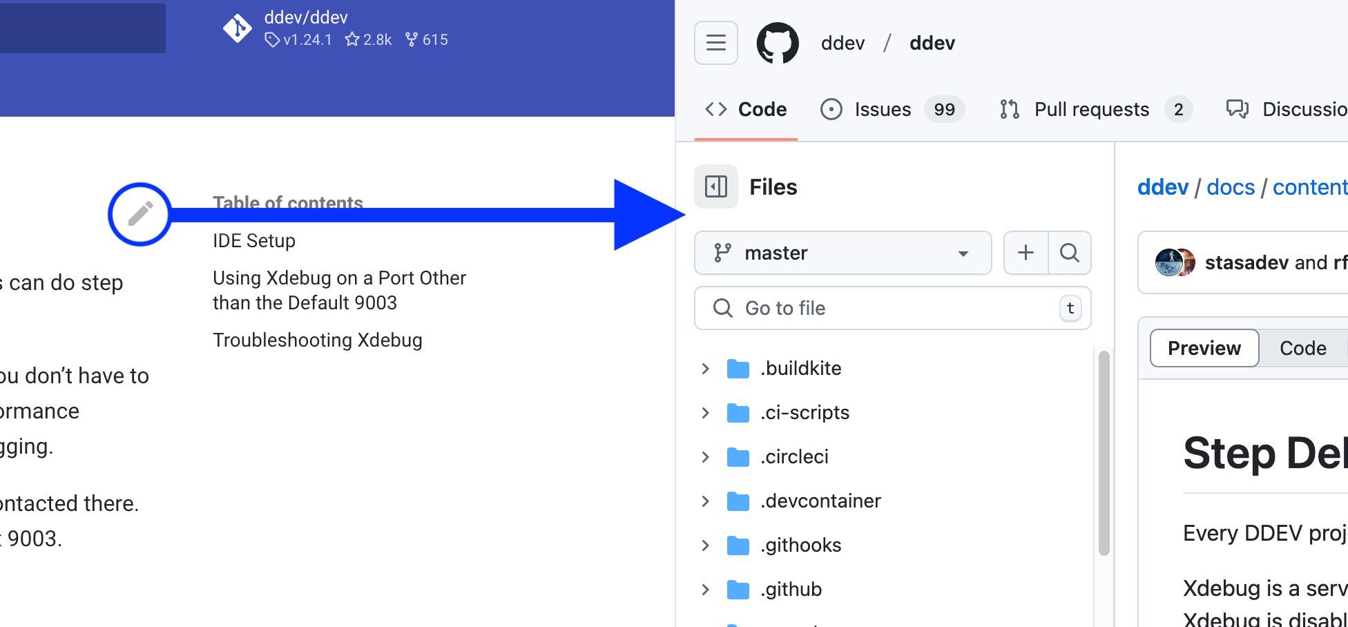 Screenshot visually highlighting the “Edit this page” icon in the docs and pointing to its corresponding GitHub URL